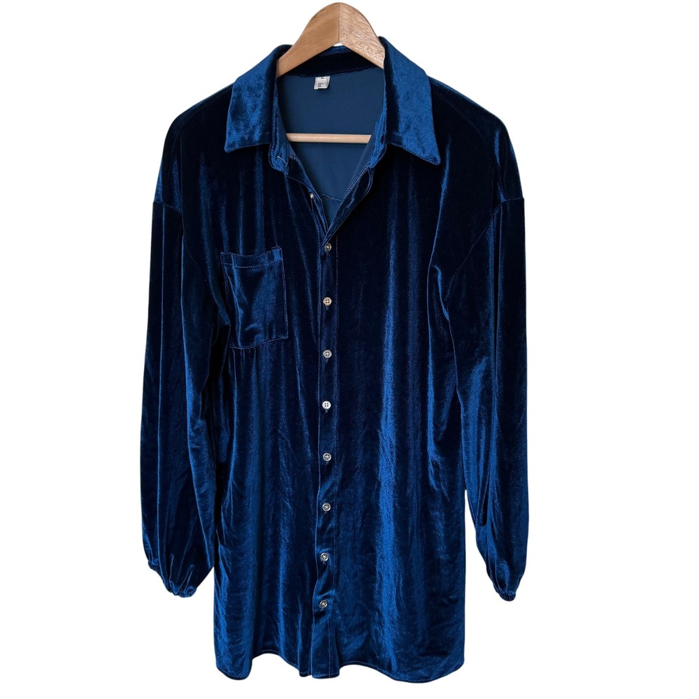 S Fashion Velvet Button Down Shirt Women Small Blue Exc. Oversized Long Sleeve
